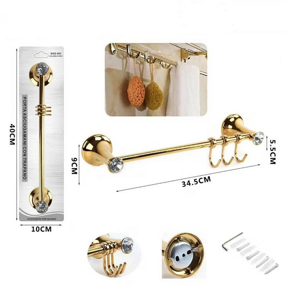 Trade Shop - Porta Asciugamani 3 Ganci Supporto Arredo Bagno Casa Cucina Dorato Oro Dgo-097 -