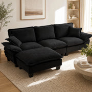 Divano angolare modulare a L 263x155x90 cm in ciniglia nera con pouf mobile
