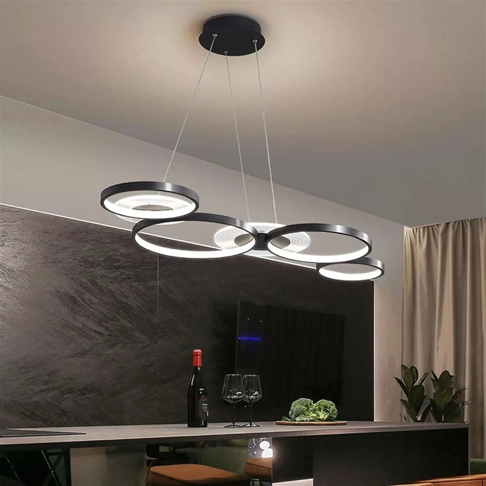 Trade Shop - Lampadario A Sospensione Led Nero 65w 6 Anelli Luminosi Moderno Con Telecomando 71415 -