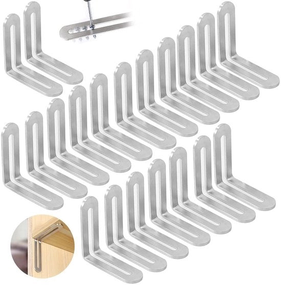 Connettori angolari 20 pezzi - Regolabili 48 x 48 mm - Angoli metallici resistenti all'umidità - Sostenibili - Disegno L - Supporti angolari