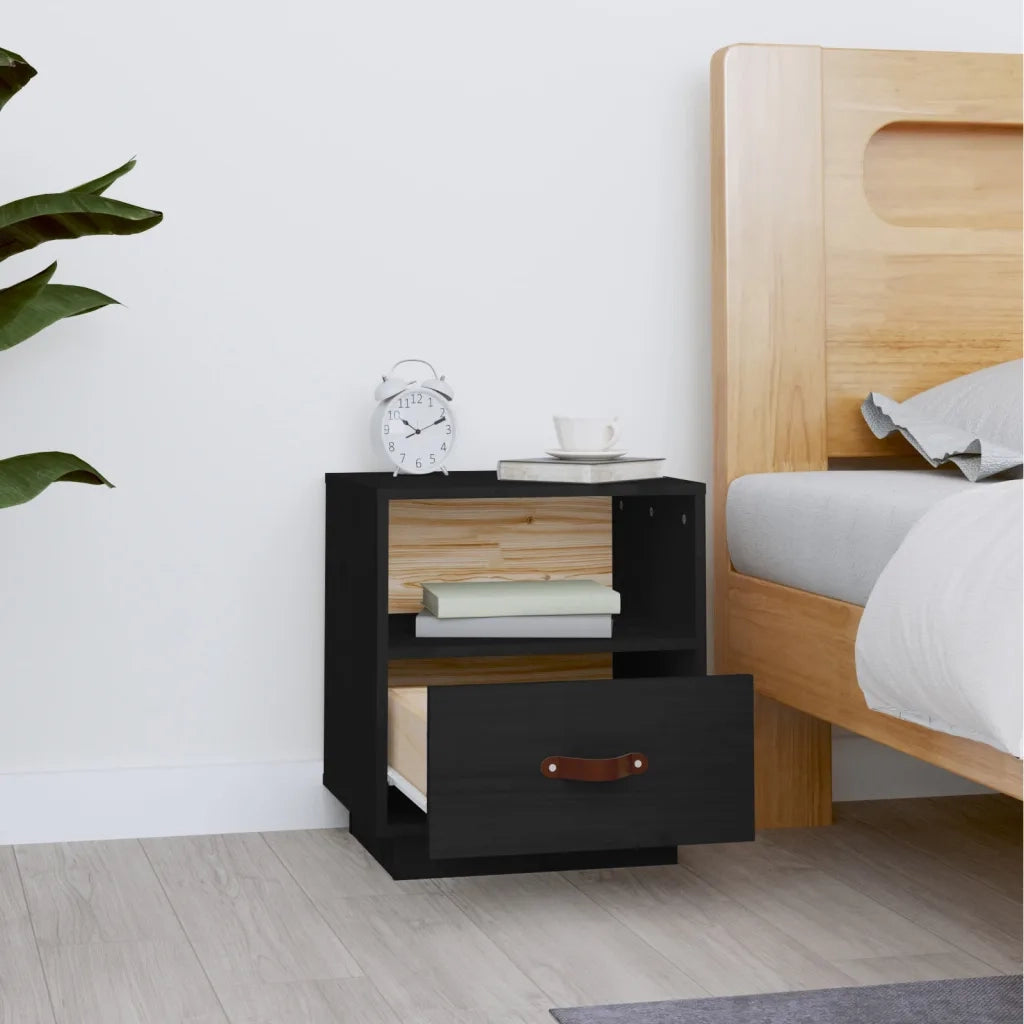 Comodino | Armadio da Notte | Mobiletto da notte Nero 40x34x45 cm in Legno Massello di Pino
