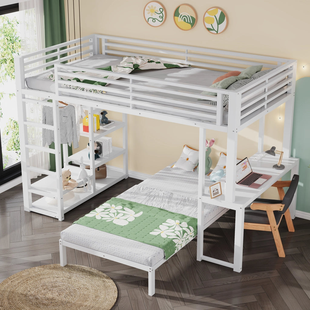 Letto a soppalco 90 × 200 cm con scrivania, 4 ripiani, armadio aperto e presa USB e tipo C, senza materasso, bianco