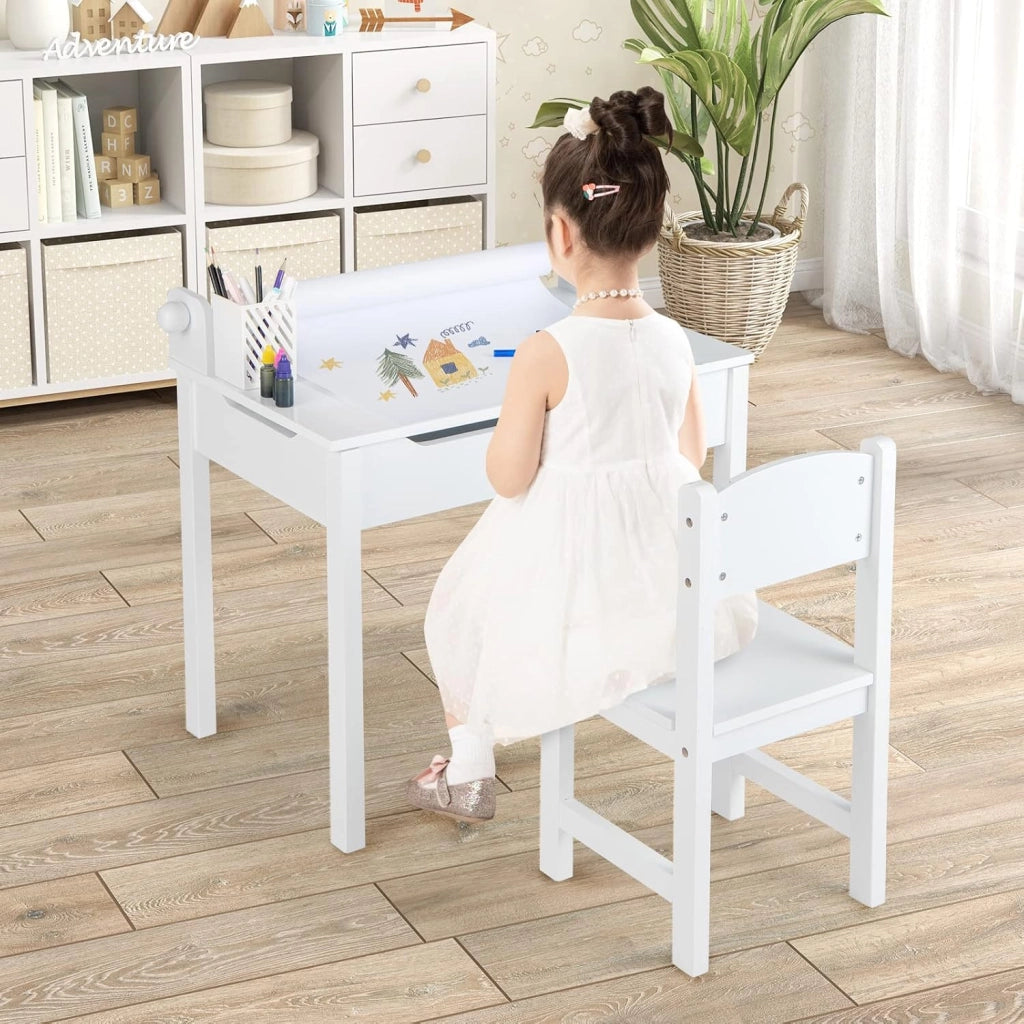 Set Tavolo e Sedia D'arte per Bambini, Scrivania da Disegno per 3 Anni con Portarotolo e Piano Ribaltabile, Vano Portaoggetti, Rotolo di Carta e Pennarelli, 60 x 40 x 58 cm (Bianco)