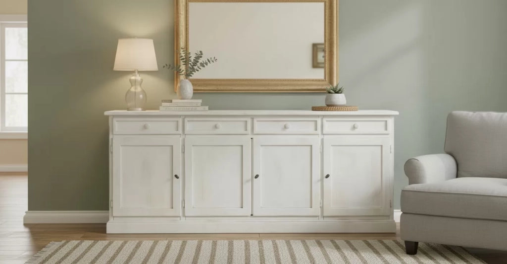 Madia credenza shabby chic in legno 4 porte bianco consumato l.205 p.42 h.85 - Mobili 2G