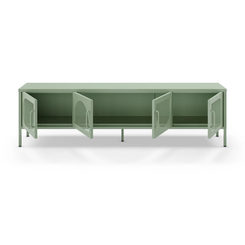 Porta TV in metallo Tayra con 4 ante reticolate verde menta 180x35x50H – Stile moderno e anima industrial