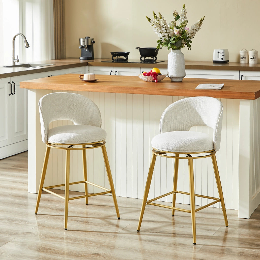 Sgabelli da Bar Girevoli in Chenille ¨C MINIMAL ¨C Set 2 Pezzi, Struttura in Metallo Oro