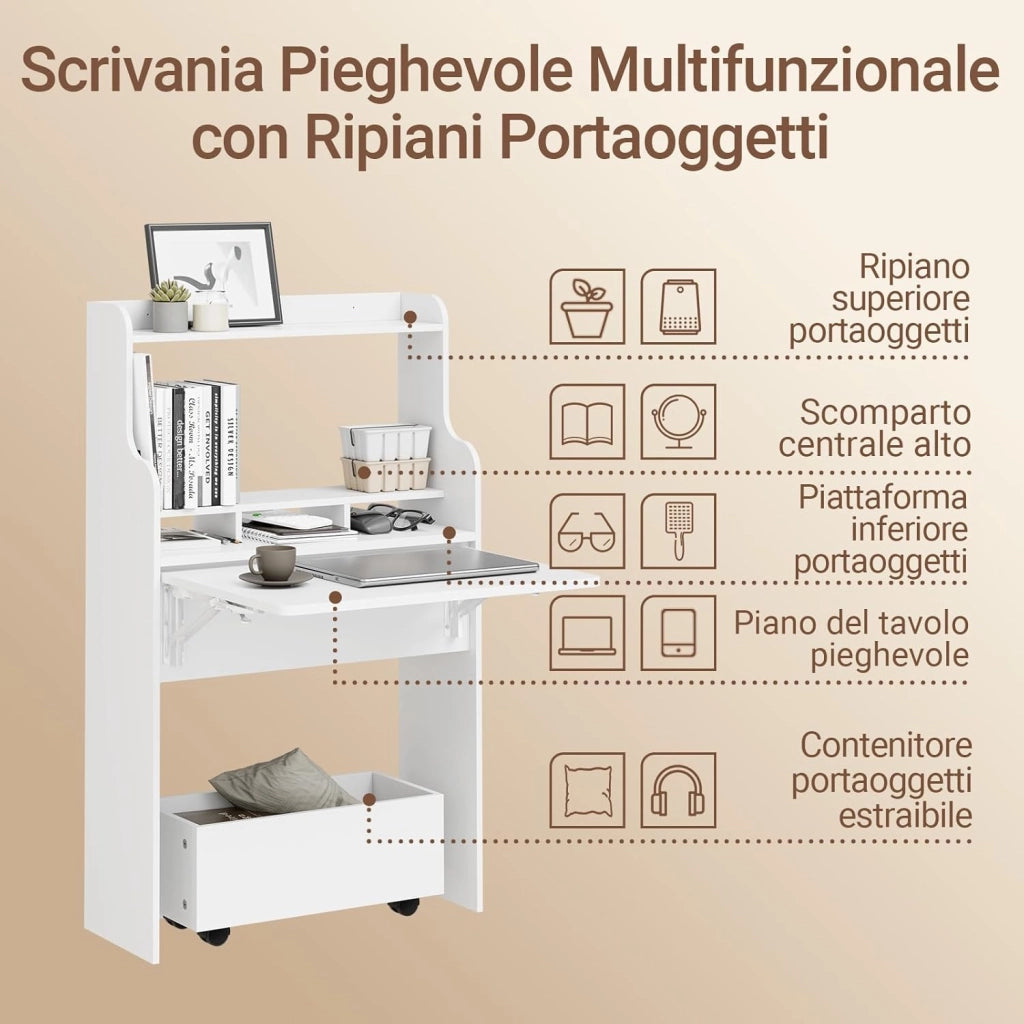 Scrivania Pieghevole a Muro Scrivania Salvaspazio Richiudibile con Scatola Portaoggetti con Ruote Tavolo Pieghevole Bianco 64x63x100,6 cm FWT105-II-W