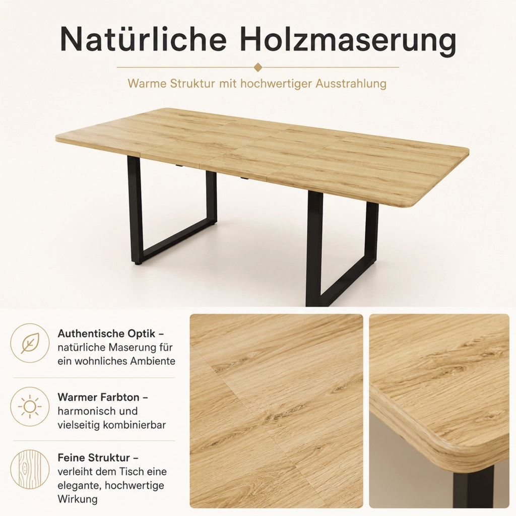 Tavolo da pranzo allungabile 140/180/220x80 cm; rettangolare per 6-10 persone; gambe in metallo; effetto legno naturale