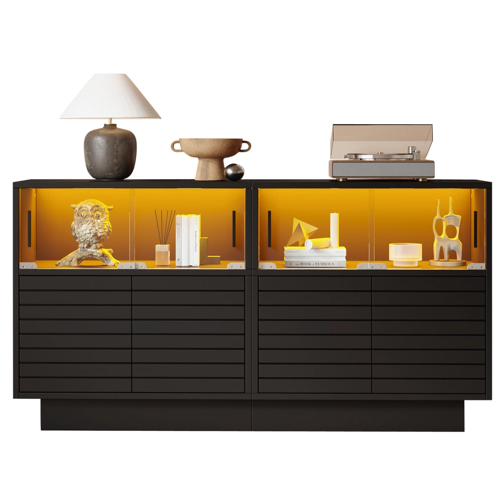 Credenza nera con ante scorrevoli in vetro e luce LED
