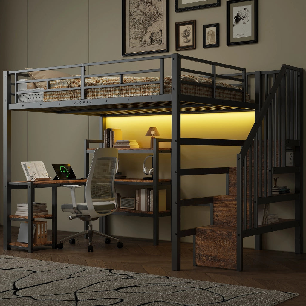 Letto a castello in metallo - Zephmum- 140x200- Nero- Scrivania integrata, USB, LED