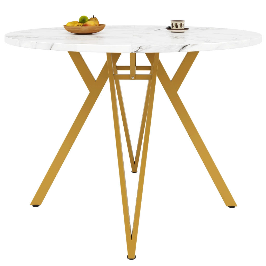 Tavolo da pranzo rotondo con piano in MDF effetto marmo e piedini regolabili per sala da pranzo e cucina oro 100 × 100 × 76 cm