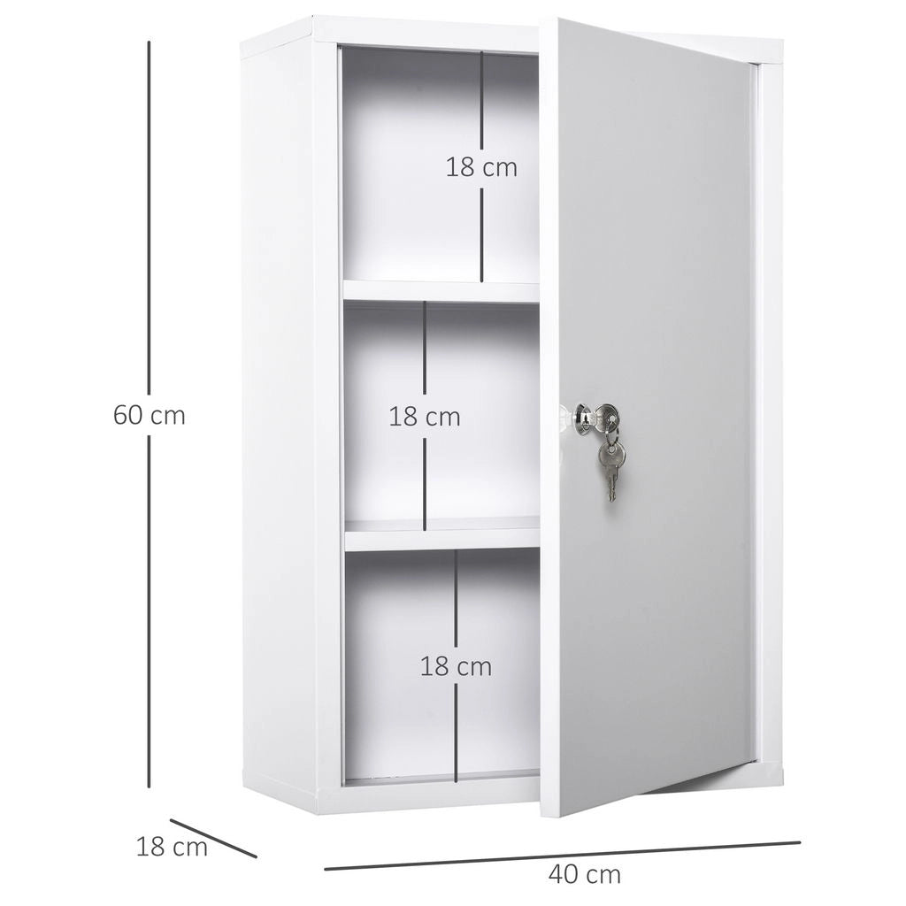 ARMADIETTO MEDICINALI A 3 LIVELLI IN ACCIAIO CON 2 CHIAVI E MONTAGGIO A PARETE, 40X18X60 CM, BIANCO