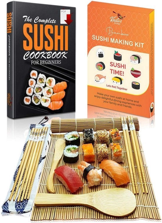 Kit per Preparazione di Sushi - Set di Sushi Maker per Principianti con Tavola di Rotolamento in Bambù - Crea i Tuoi Sushi in Casa - Set Completo 2 Tavole, 5 Paia di Chopstick con Borsa, Pala, Spreader con Guida Passo dopo Passo