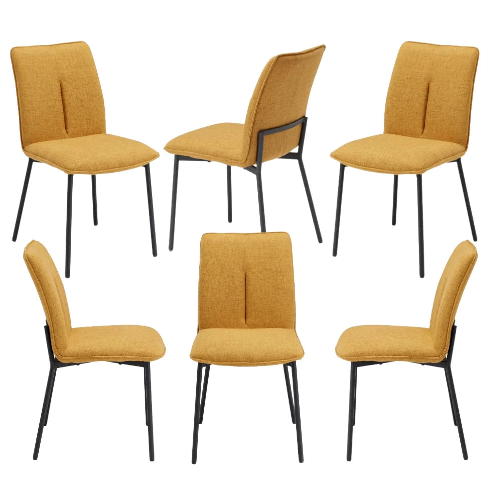 Set 6 sedie imbottita CAMILLA per cucina, sala da pranzo e soggiorno, design moderno, gambe coniche robuste finitura ghisa, schienale e seduta rivestiti con tessuto effetto doppio tono colore Senape