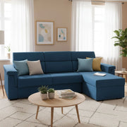 Ganzaria, Divano Letto con Penisola Sfoderabile Made in Italy, 285x160 cm blu
