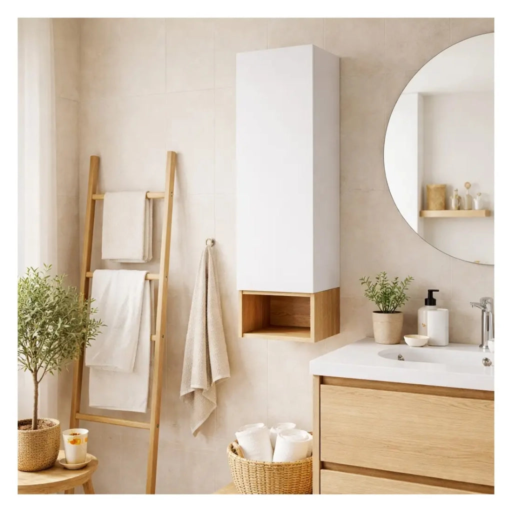 Colonna di stoccaggio OSTER 30cm – mobile sospeso bianco opaco 1 porta e nicchia visibile in rovere chiaro