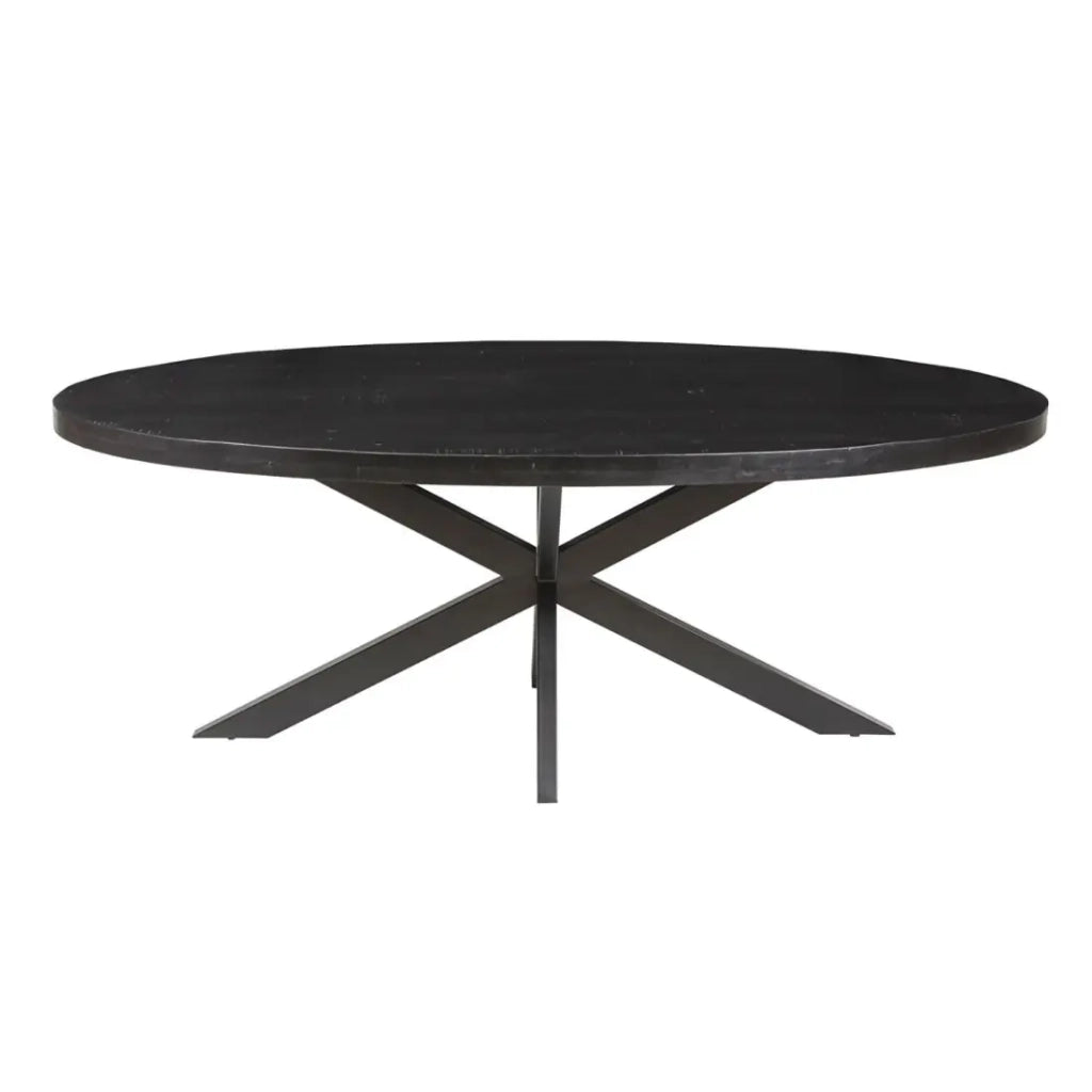 Tavolo da pranzo ovale BOURGIA in legno massiccio di Mangolia nero, ideale per una sala da pranzo accogliente.