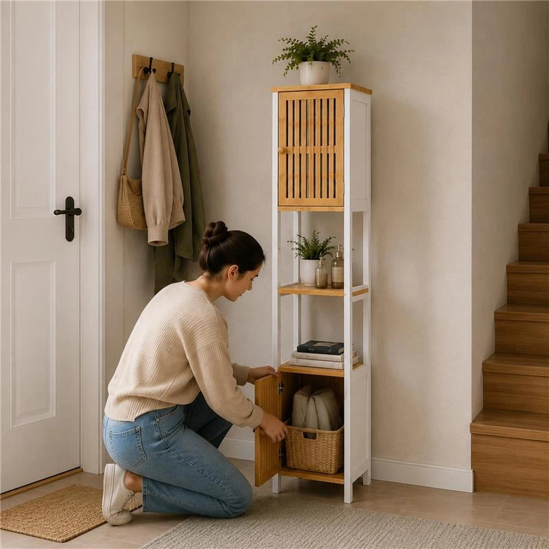 MOBILE DA BAGNO IN LEGNO CON 2 ANTE E RIPIANO IN BAMBOO COLORE BIANCO DIMENSIONI 32X30X173 CM