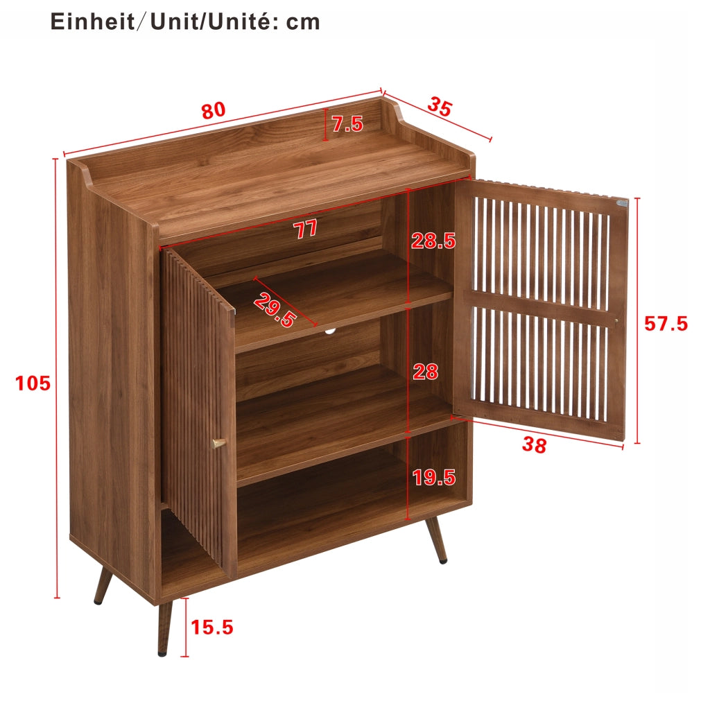 Scarpiera con 2 ante e vano aperto, ripiano fisso, per ingresso, in MDF e pino, noce, 80 × 35 × 105 cm