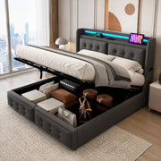 LETTO Contenitore 160x200 cm Grigio in cotone-lino con prese, USB-C e LED