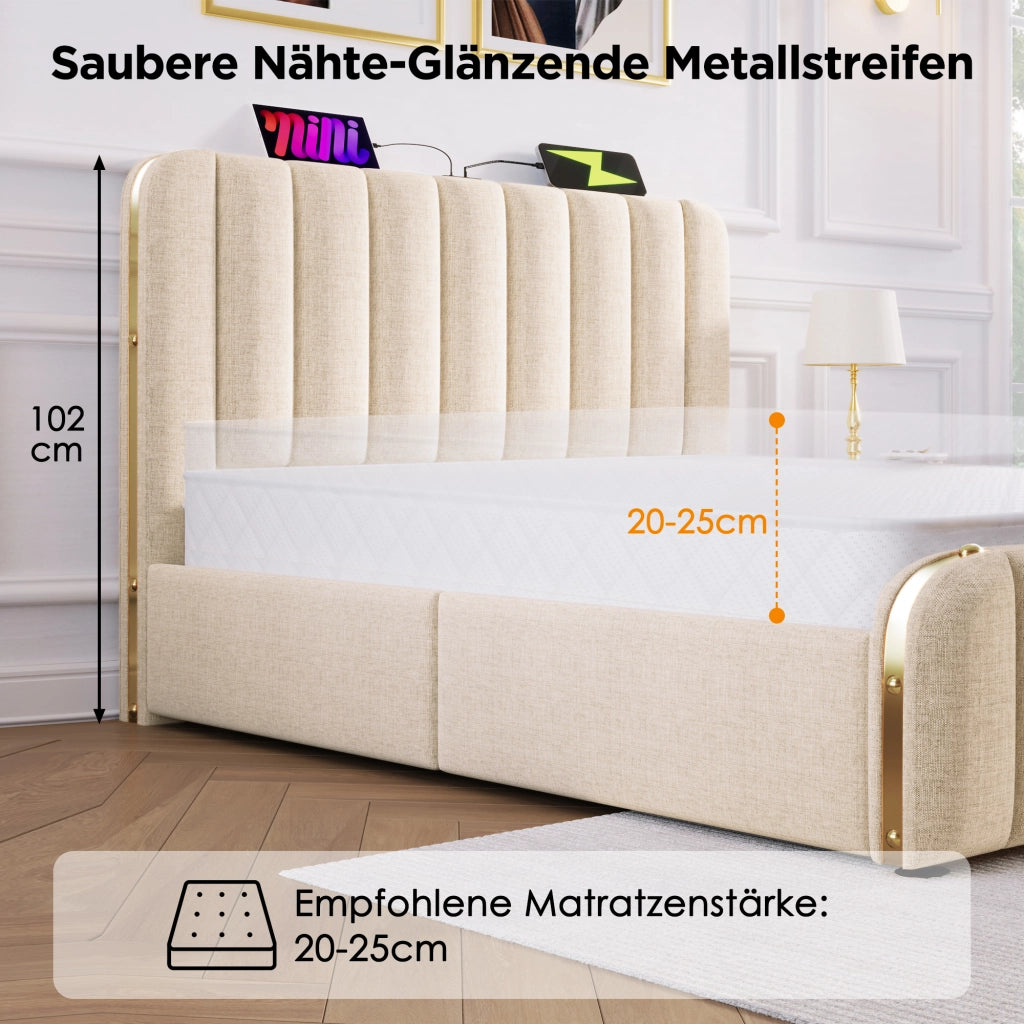 OKWISH Letto con Cassetti 180×200 cm, Letto Matrimoniale con 4 Cassetti, USB, Tipo C e Testiera Imbottita, senza Materasso, Beige