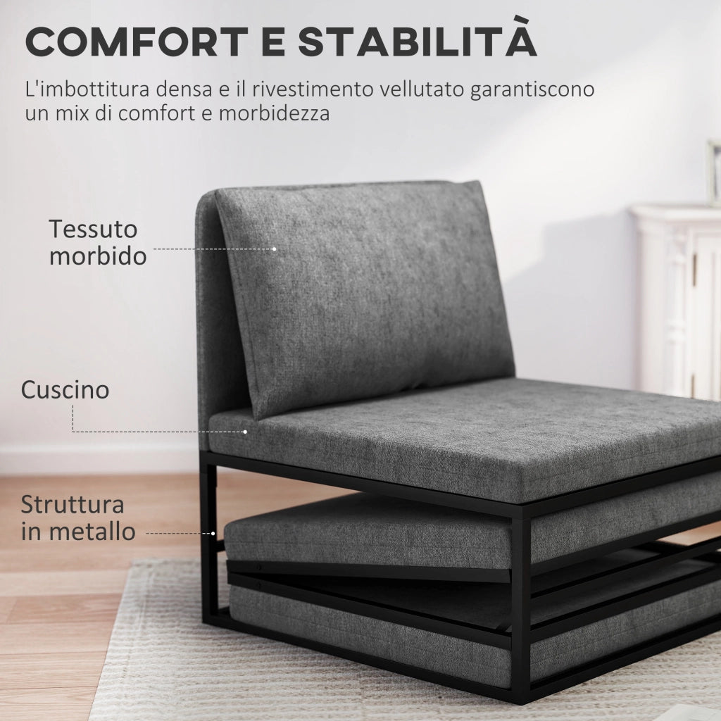 Poltrona Letto Singolo con Cuscino 66x70x74 cm in Tessuto Effetto Lino e Metallo Grigio
