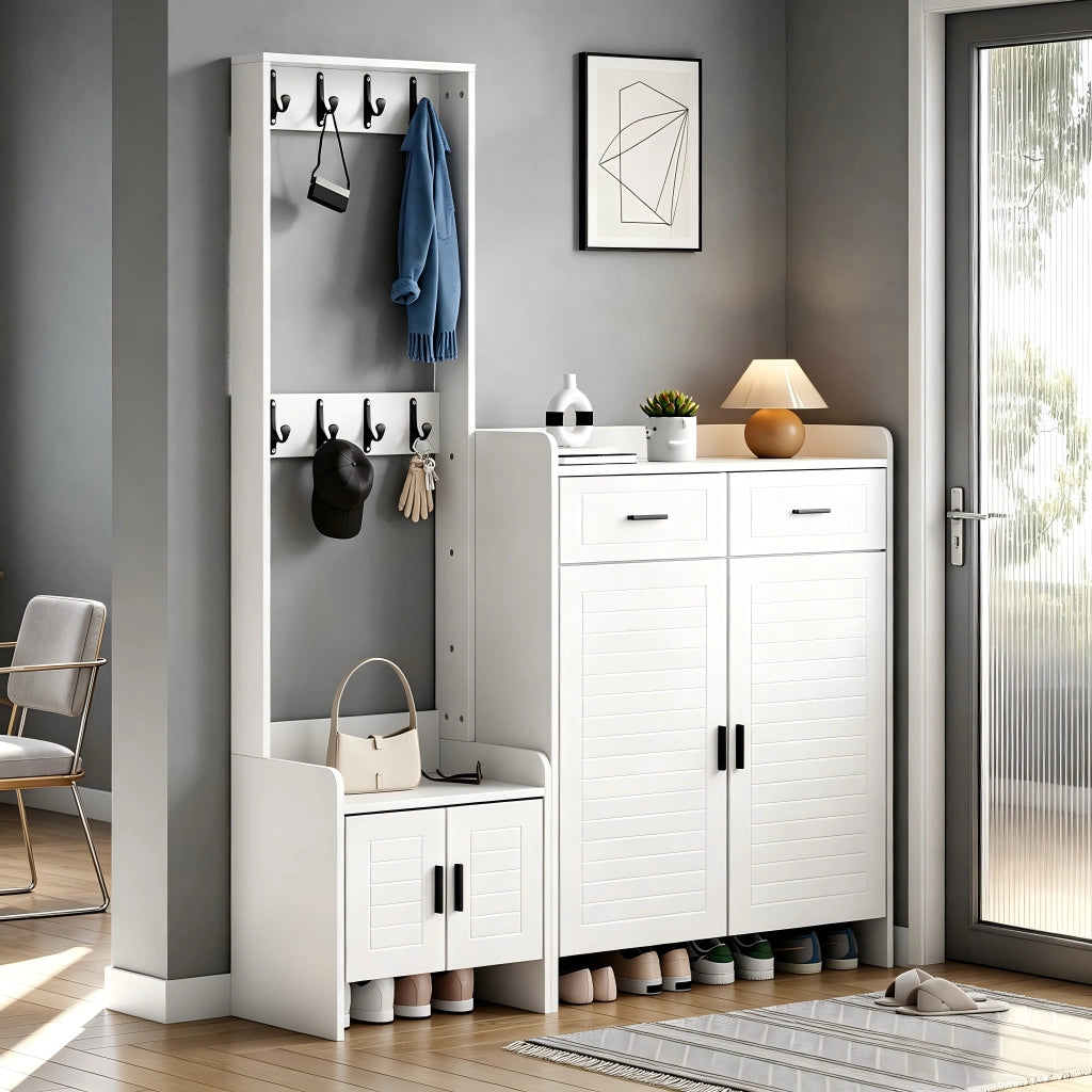 Mobile ingresso bianco 125 x 36 x 165 cm con 2 cassetti, 2 ante, 6 ripiani e 8 ganci