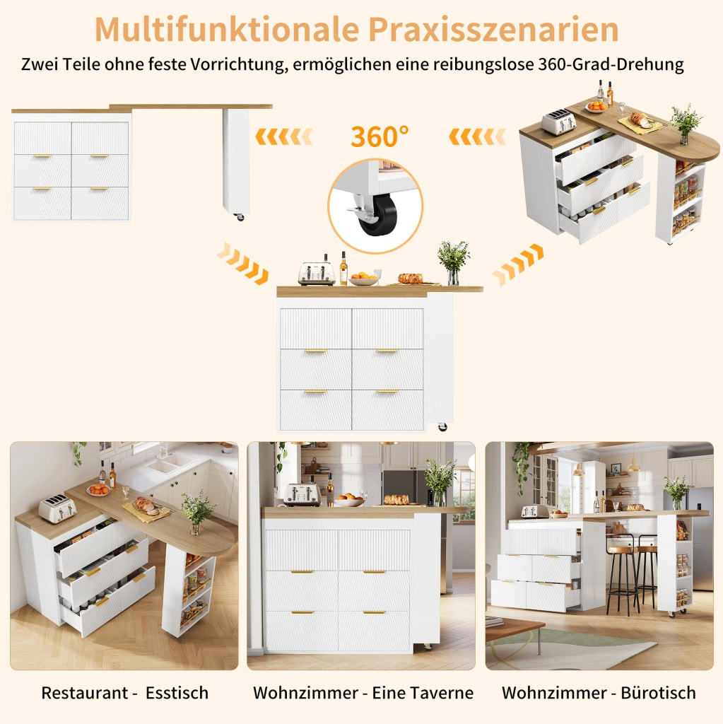 Bartisch mit 6 Schubladen und Kippsicherung, drehbar 360°, MDF Sideboard für Küche, Wohnzimmer oder Homeoffice