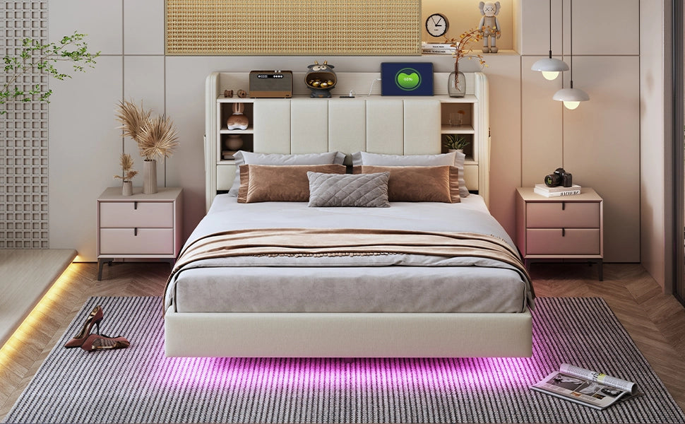 DESMIU Letto contenitore 140 × 200 cm 2 posti con LED, USB, ripiani e vani, senza materasso, beige