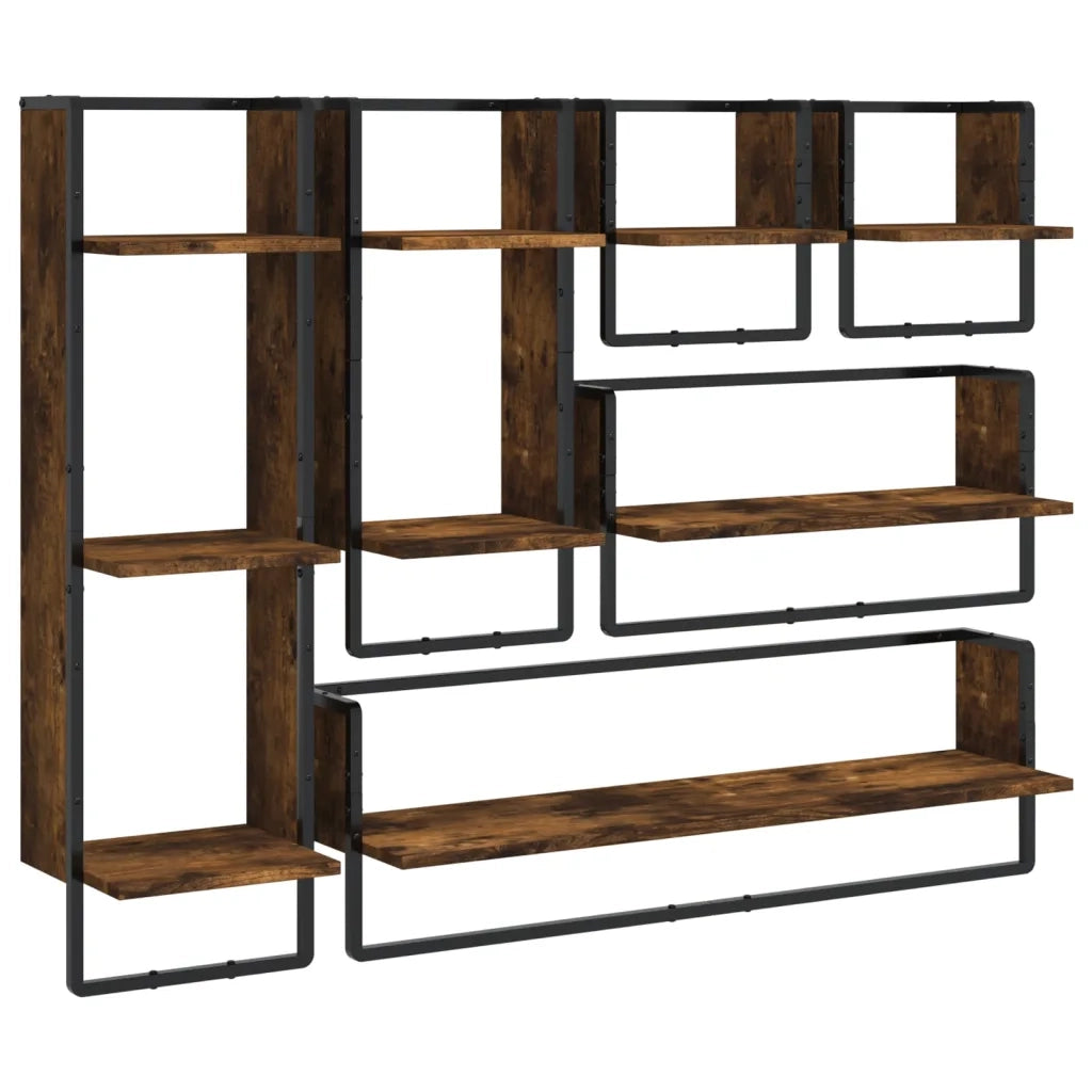 Set 6 pz Mensole Parete | Mensola sospesa con Aste Rovere Fumo Legno Multistrato