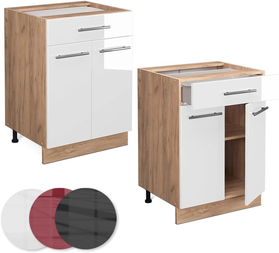 Mobiletto base per cucina Fame-Line, Bianco lucido, 60 cm con cassetto, PL Marmo, per la combinazione con altri moduli della serie Fame-Line