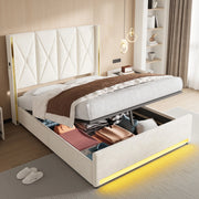 Letto contenitore ULEVR 160x200 cm in velluto beige con LED, USB e Type-C, testiera alta e tasche laterali