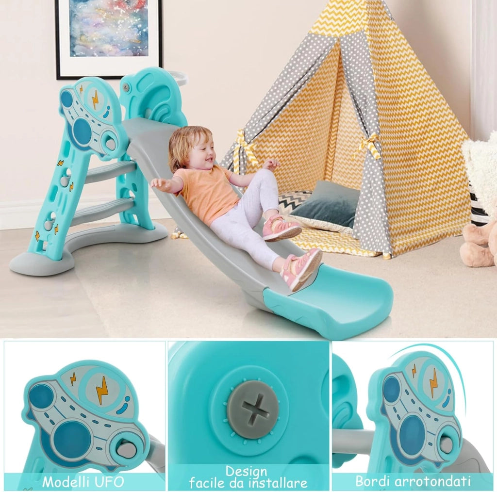 3 in 1 Scivolo per Bambini, Set di Scivolo Pieghevole con Canestro Basket e Pallone, Set da Arrampicata e Scivolo da Interno, 18 Mesi+ (Blu)