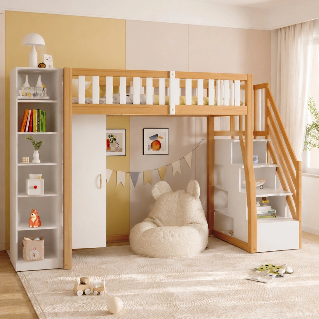 LETTO a soppalco 90x200 cm con armadio, scaffali e scala di sicurezza Bianco/Legno