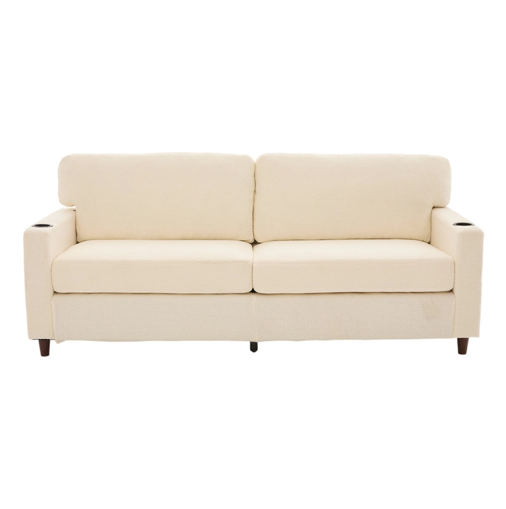 Divano a 2 posti in chenille beige con USB-C; luci LED; portabicchieri e tasche laterali 203 cm