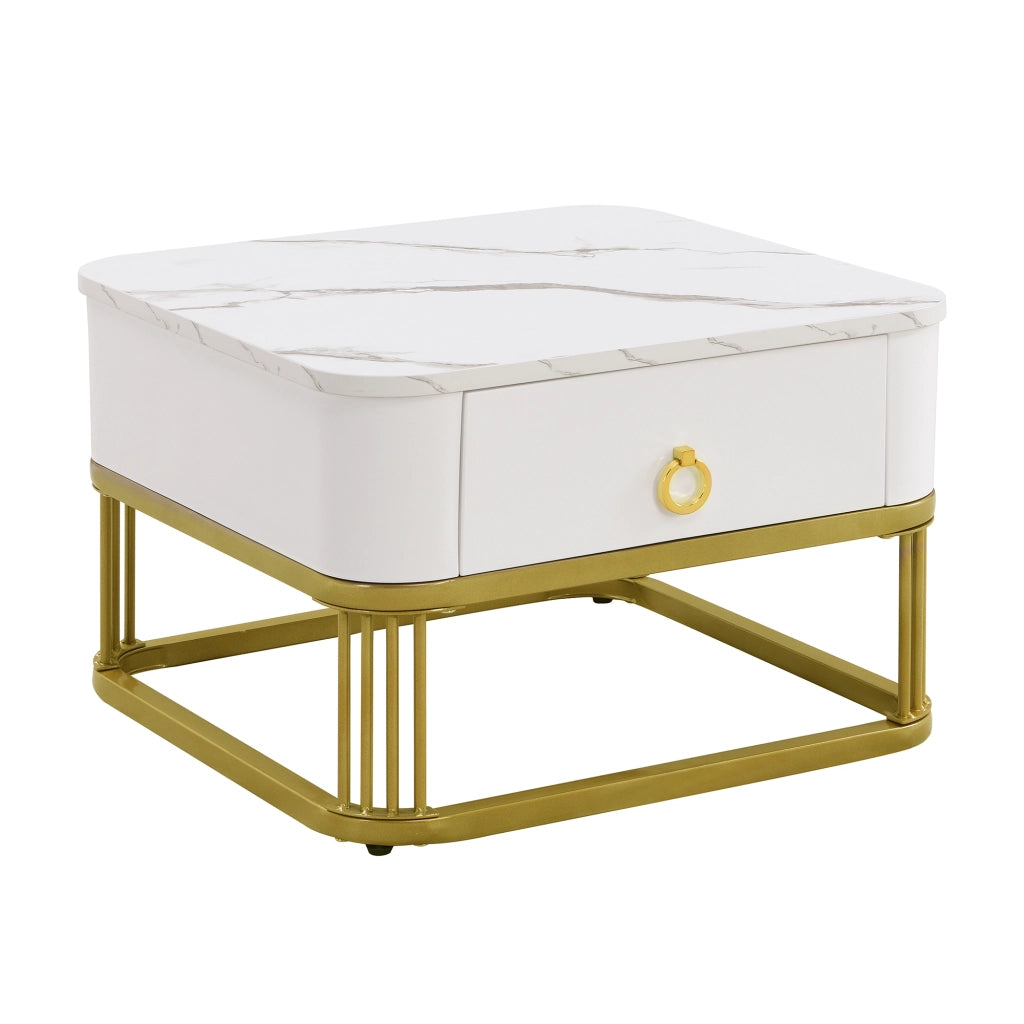 Tavolini da salotto 60x60x45+50x50x34 cm; design impilabile; effetto marmo lucido; MDF bianco