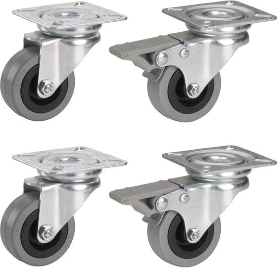 Ruote per mobili ø 50 mm (4 pezzi, di cui 2 con freno, ruota in gomma, piatto 42x42 mm, carico di 105 kg, ruote per mobili, ruote con ruotamento) 450100, metallo
