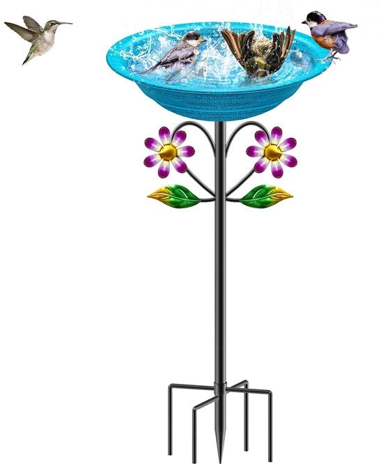 Vogelbad stand-alone per esterno, Vogelbad metallico con 5-punti base, vasca acqua, stazione alimentazione per uccelli selvatici giardino (retro blu)