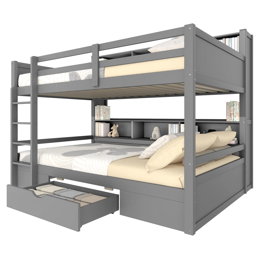 Letto a castello 90x200 cm con cassetto e vani portaoggetti; pino e MDF; grigio (Senza materasso)