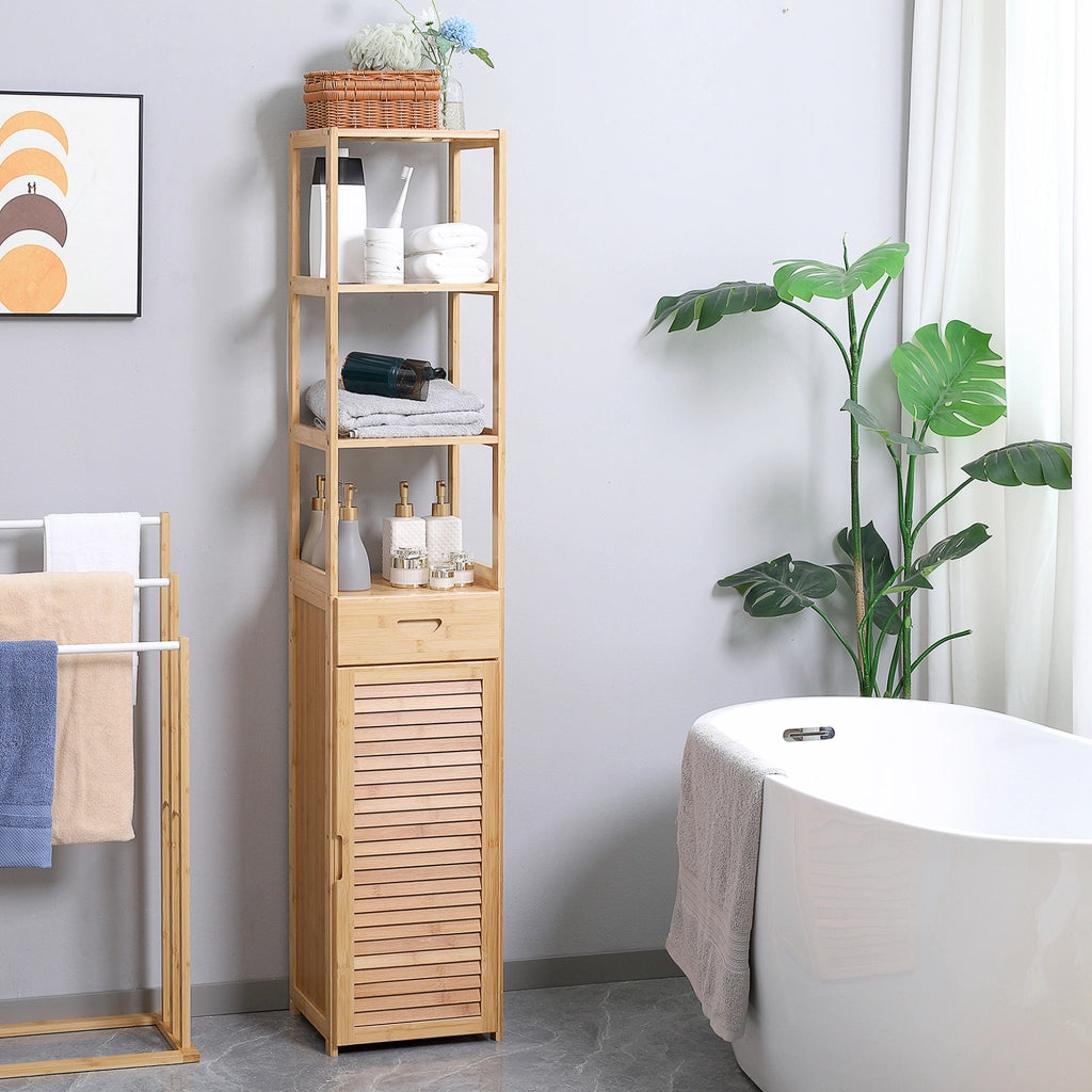 Mobile da Bagno ¨C Zephmum ¨C Bamb¨´, 3 Ripiani, Cassetto, 32x30x163 cm