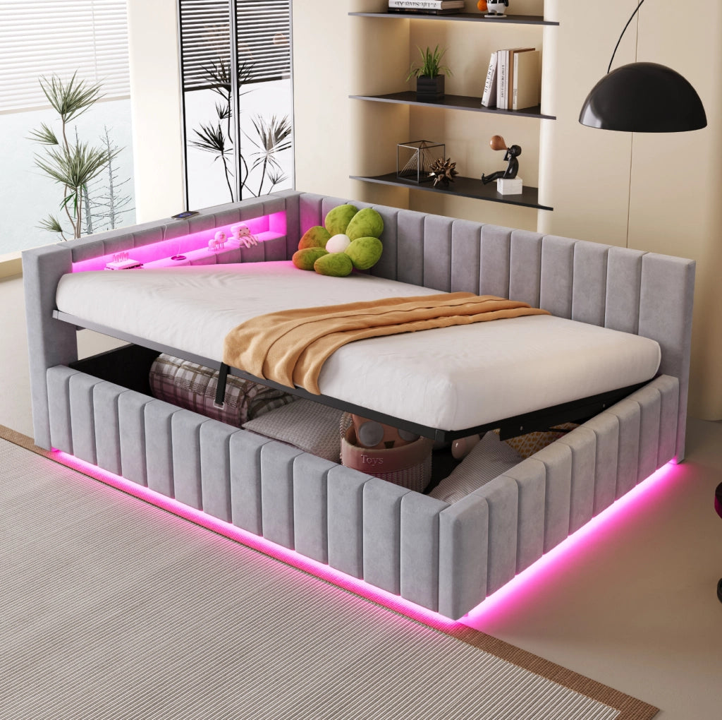 Letto imbottito 140x200 con contenitore idraulico, LED e USB grigio