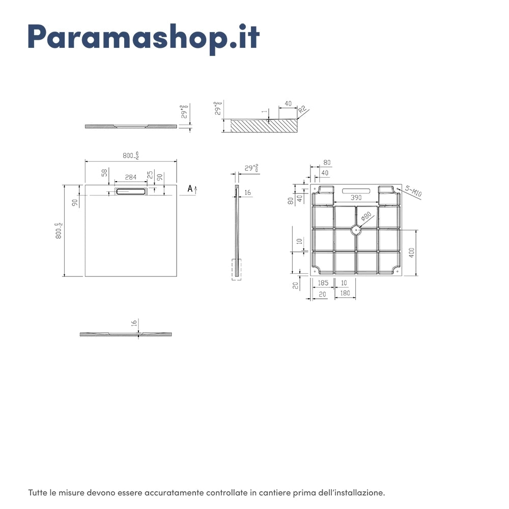 Piatto doccia 80x80 cm in marmoresina nero effetto pietra | Paros