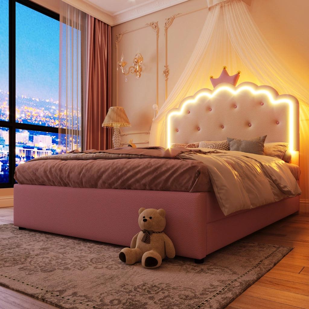 Letto imbottito per bambini 140x200 cm con rete, luce LED e cassetti
