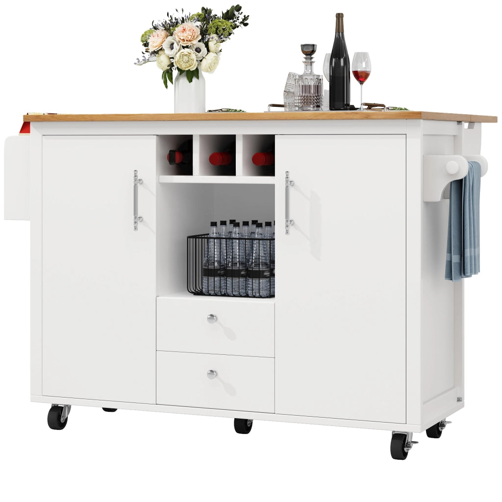 Isola cucina con piano ribaltabile 137,9 x 73 x 92,2 cm, 2 cassetti, ruote girevoli e vano portabottiglie, bianco
