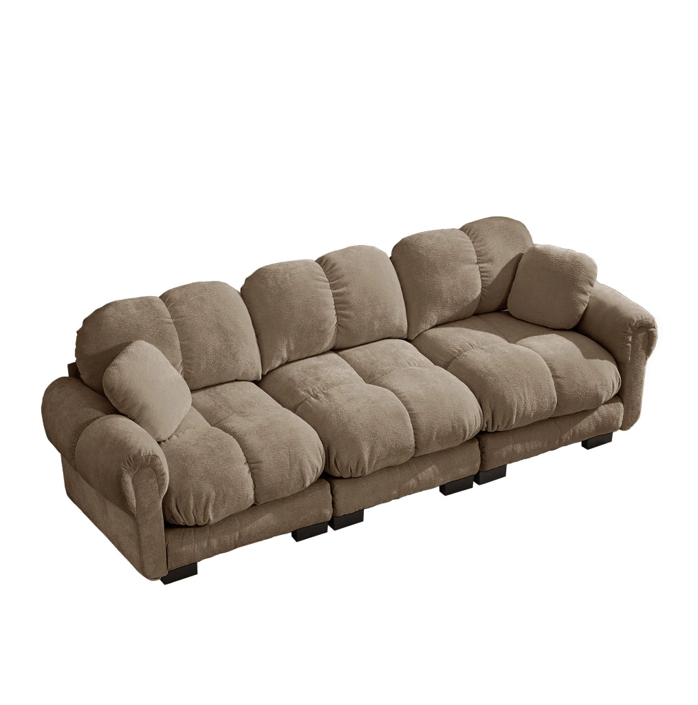 Divano modulare 3 posti 260x86x90 cm in chenille marrone con cuscini trapuntati
