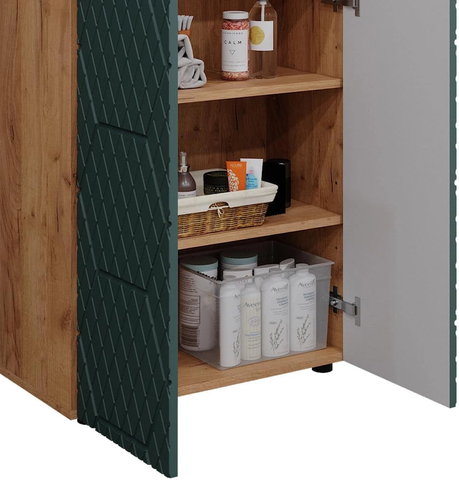 Mobile midi Irma, Goldkraft rovere/verde, 60 x 81 cm, per la conservazione in bagno e abbinabile alla serie Irma