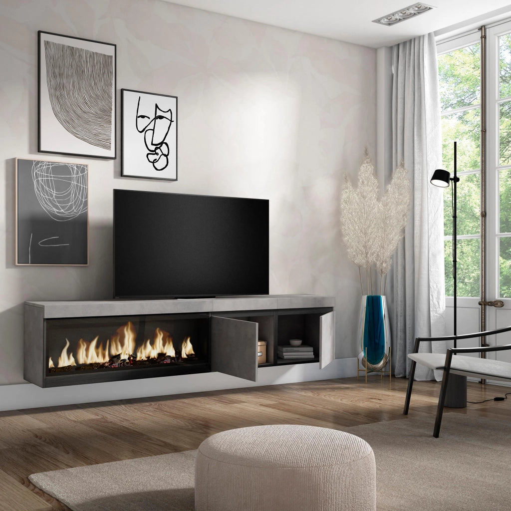 Mobile TV, Soggiorno, 208x35x45cm, Per TV fino a 80", Camino elettrico XXL, da appendere, grigio cemento RF3206