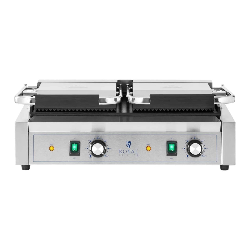 Doppia piastra per panini tostapane con lati scanalati e lisci 3600 watt 50-300°C con raccogligrasso in acciaio inox costruzione professionale in ghisa 14_0004005