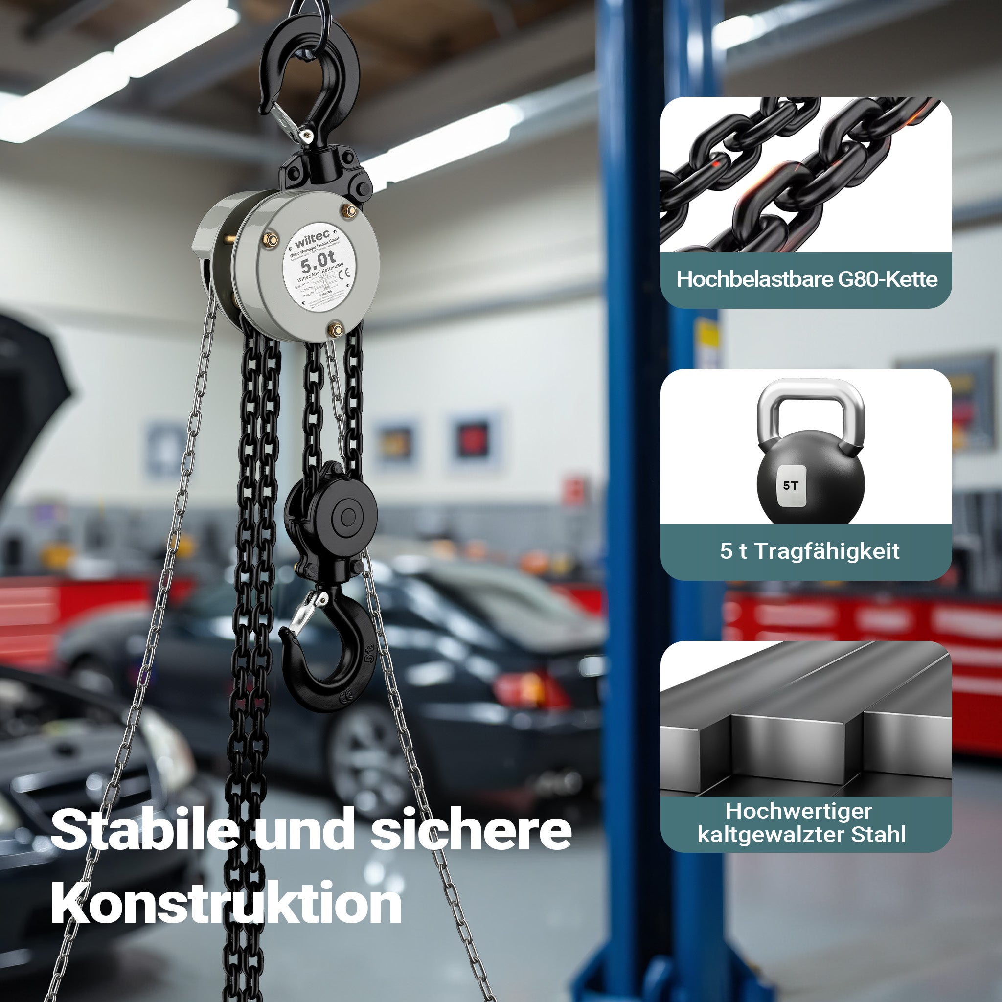 Mini paranco a catena manuale VSK-5, capacità di carico 5 t, altezza di sollevamento 3 m, per sollevare e abbassare carichi pesanti in officine, magazzini e cantieri, per impieghi gravosi