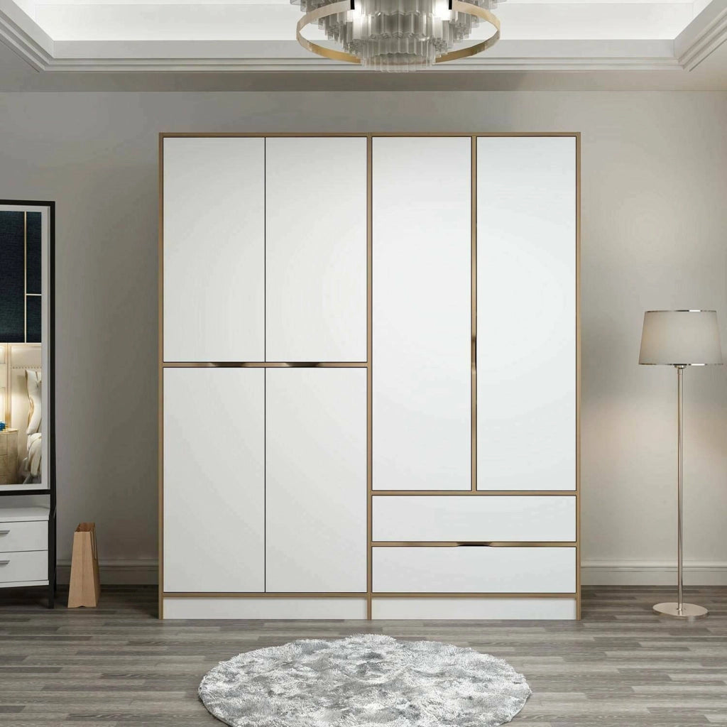 Armadio Camera da Letto Odalys, Guardaroba Grande Appendiabiti, 185x208h cm Bianco e Marrone noce\